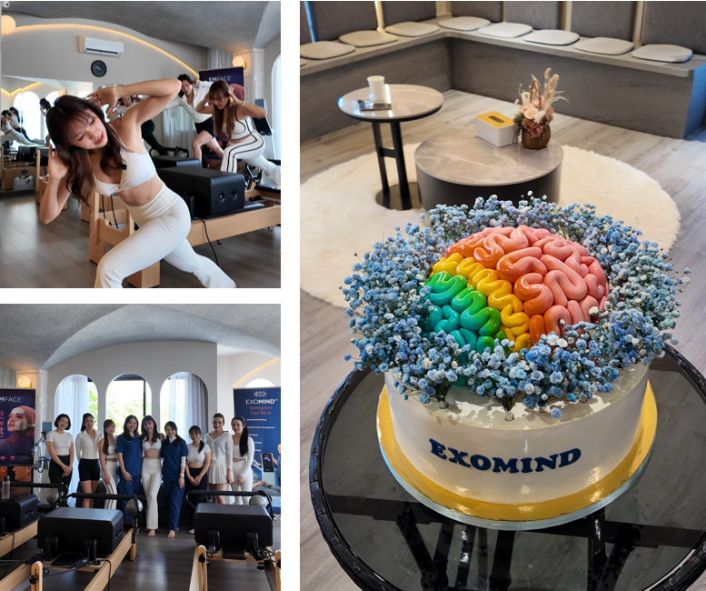 Lyvin Clinic JB event featuring Pilates instructor demo, Exomind celebration cake, and group photo